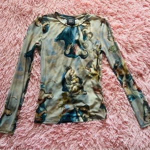 Multicolor Fitted Long Sleeve Crew Mesh Renaissance Angle Top Sz M